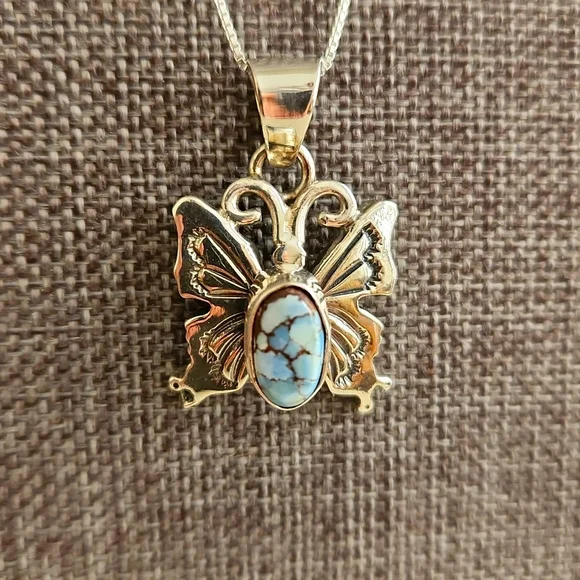Beautiful Native AmericanGolden Hills Turquoise Butterfly Pendant & Chain